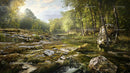 Tranquil Forest Stream With Lush Greenery in Summer Light