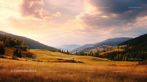 Golden Fields under Majestic Mountain Sunset