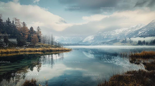 Tranquil Mountain Lake with Snow-Capped Peaks