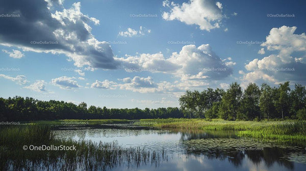Serene Lake with Lush Greenery and Fluffy Clouds