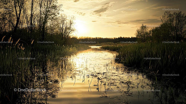 Golden Sunset Over Serene River Landscape