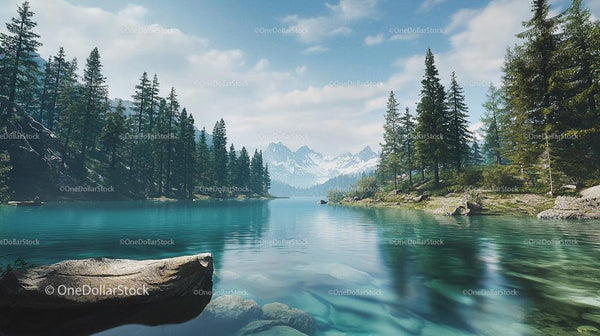 Tranquil Lake with Pines and Snow-Capped Mountains