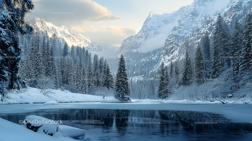 Serene Winter Alpine Landscape with Snowy Mountains and River