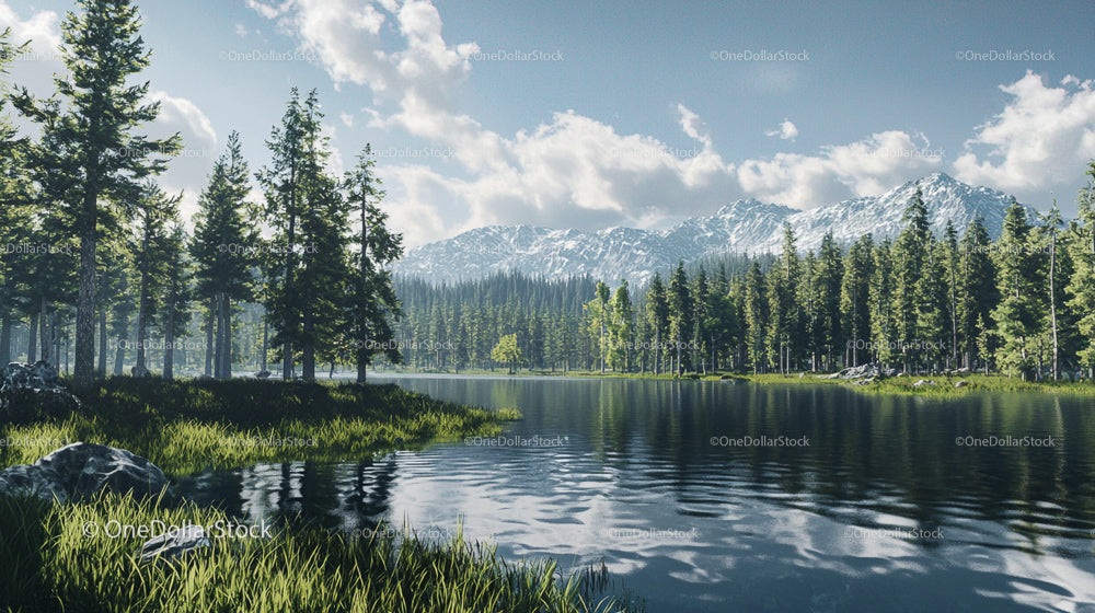 Tranquil Lake with Pine Forest and Snowy Mountains