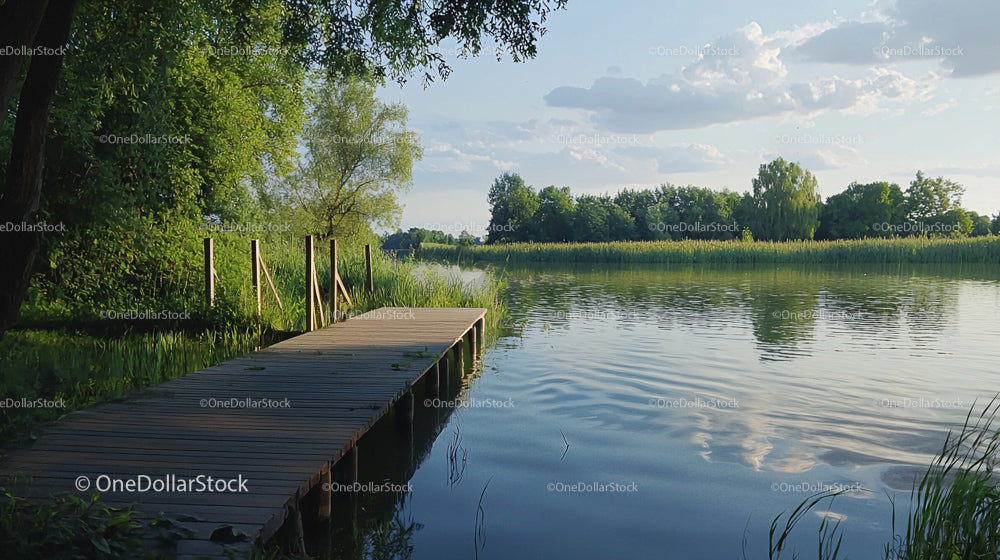 Drewniany pomost nad spokojnym jeziorem otoczonym bujną zielenią