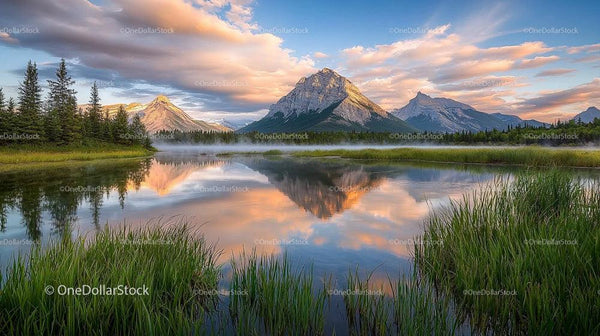 Majestic Mountain Reflection in Serene Lake at Sunrise