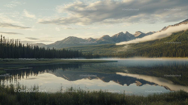 Misty Mountain Reflection Over Tranquil Lake at Sunrise