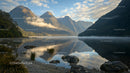 Misty Morning Reflection in Tranquil Mountain Lake