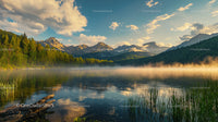 Misty Sunrise Over a Serene Mountain Lake