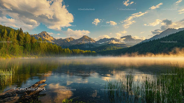 Misty Sunrise Over a Serene Mountain Lake
