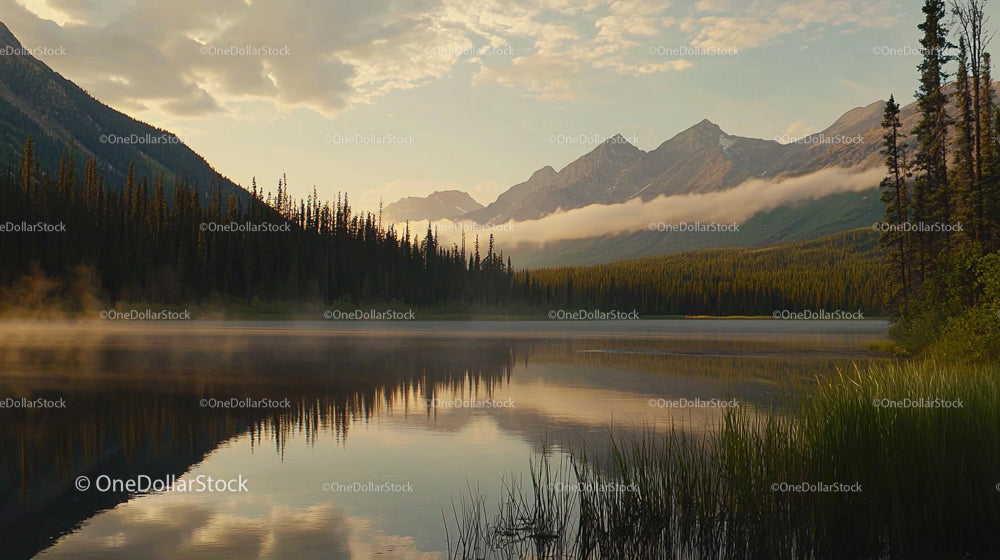 Peaceful Mountain Lake at Dawn with Misty Reflections