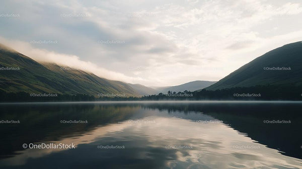 Misty Morning Over Tranquil Lake with Reflective Hills