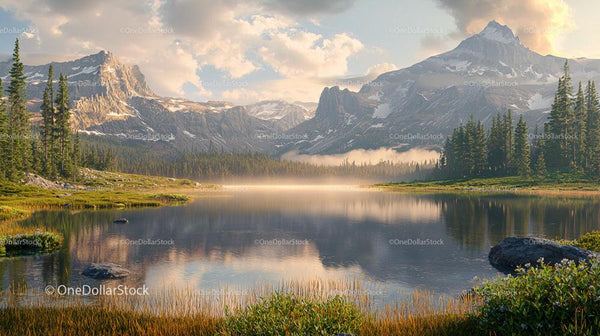 Tranquil Mountain Lake with Majestic Peaks and Pine Trees