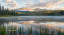 Peaceful Mountain Lake with Mist and Forest Reflection at Sunrise