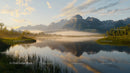 Misty Morning with Mountain Reflections on a Tranquil Lake