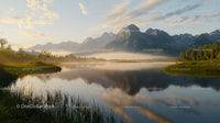 Misty Morning with Mountain Reflections on a Tranquil Lake