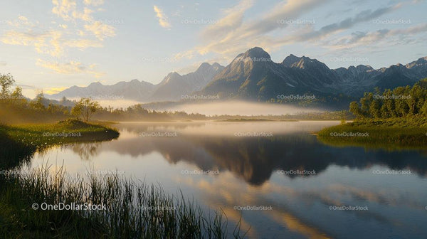 Misty Morning with Mountain Reflections on a Tranquil Lake