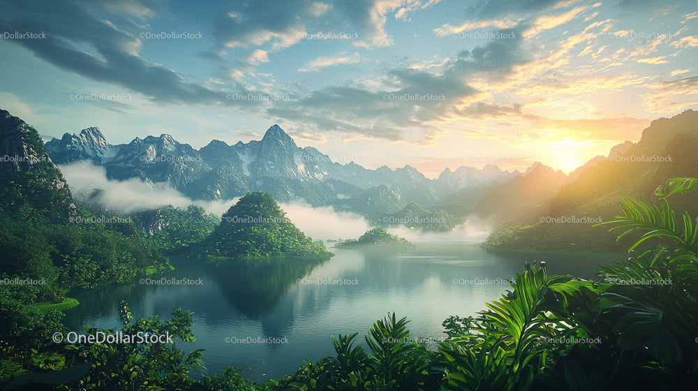 Breathtaking Sunrise Over Misty Mountain Lake