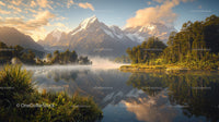 Serene Mountain Lake with Mist and Snowy Peaks