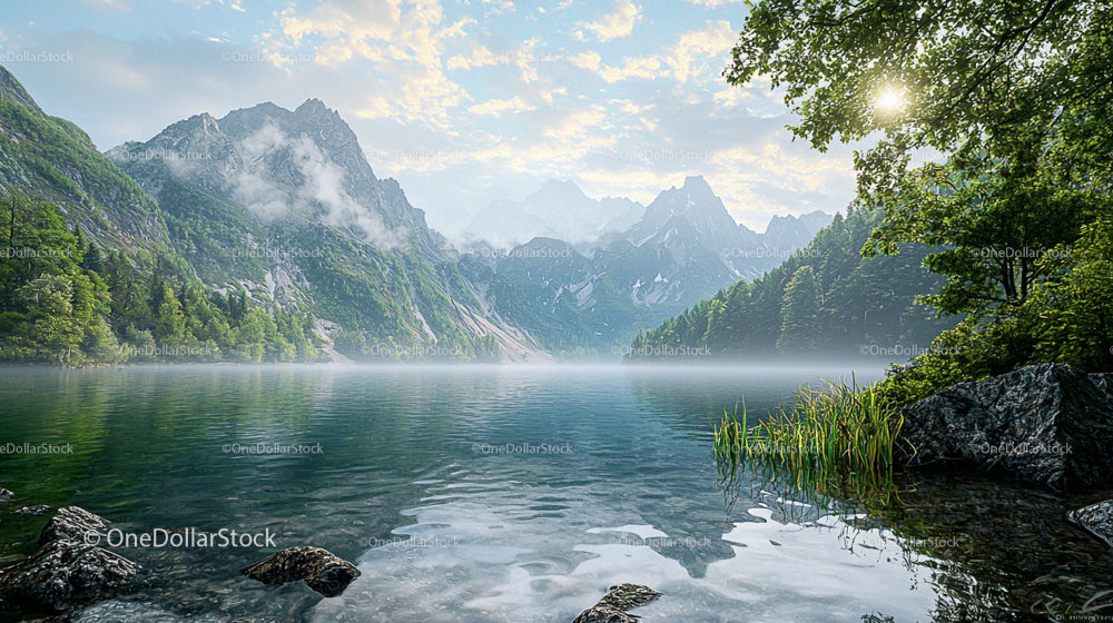 Serene Lake and Misty Mountains in Scenic Landscape