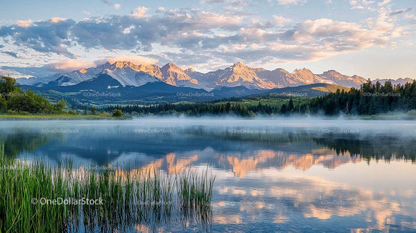 Mountain Range and Lake with Misty Morning Reflections