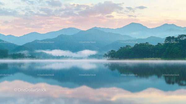 Misty Morning Reflection Over Tranquil Mountain Lake