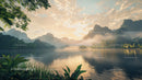 Sunrise Over Misty Lake with Lush Greenery and Mountains