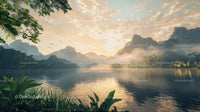 Sunrise Over Misty Lake with Lush Greenery and Mountains