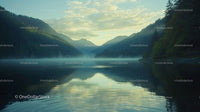 Misty Mountain Lake with Tranquil Reflections at Dawn