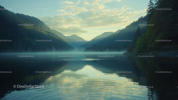 Misty Mountain Lake with Tranquil Reflections at Dawn