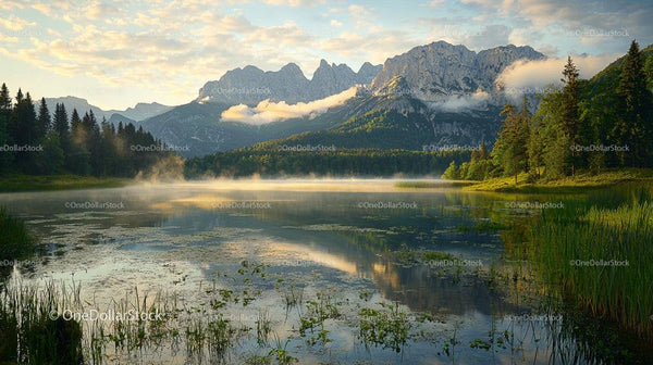Serene Lake Reflection with Alpine Mountains at Sunrise