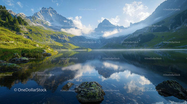 Tranquil Mountain Lake with Majestic Peaks in Morning Light
