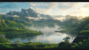 Tranquil Mountain Lake with Misty Peaks and Lush Greenery