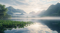 Misty Mountain Lake Reflection at Tranquil Sunrise