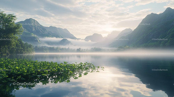 Misty Mountain Lake Reflection at Tranquil Sunrise