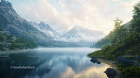 Misty Alpine Lake with Snow-Capped Mountains at Sunrise