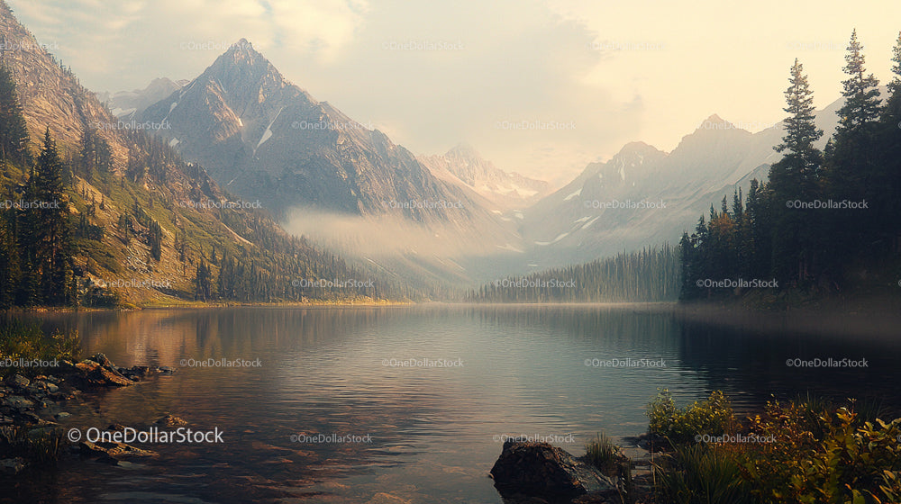Tranquil Mountain Lake with Misty Peaks and Pine Forest