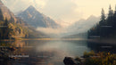 Tranquil Mountain Lake with Misty Peaks and Pine Forest