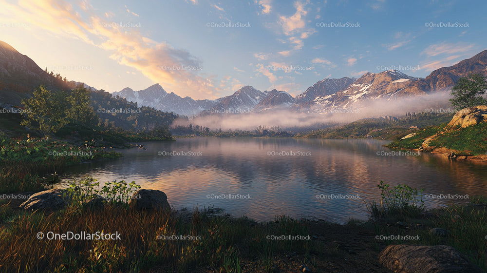 Scenic Mountain Lake at Sunset with Misty Peaks