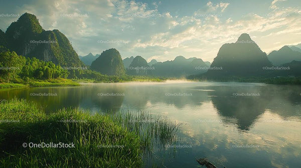 Tranquil Lake with Misty Mountain Reflections at Dawn