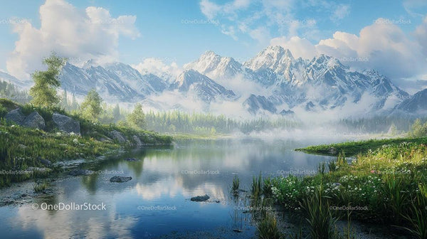 Serene Alpine Landscape with Snowy Peaks and Reflective Lake