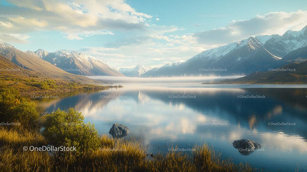 Serene Mountain Landscape with Snowy Peaks and Tranquil Lake