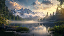 Misty Lake and Majestic Mountains in Tranquil Sunrise Light