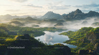 Misty Mountain Landscape with Serene Lake at Sunrise