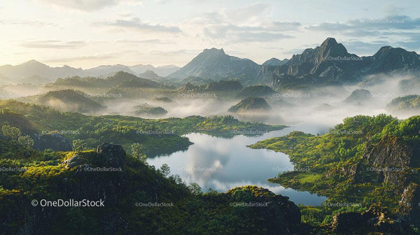 Misty Mountain Landscape with Serene Lake at Sunrise