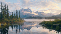 Misty Mountain Lake at Sunrise with Evergreen Forest
