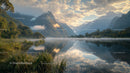 Tranquil Mountain Lake with Mist and Reflections at Dawn