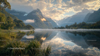Tranquil Mountain Lake with Mist and Reflections at Dawn
