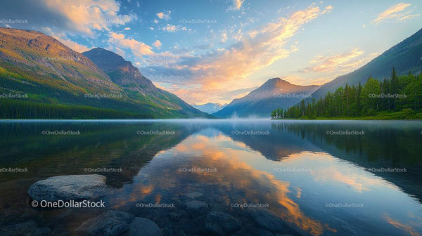 Tranquil Lake with Mountains and Colorful Sunset Reflection
