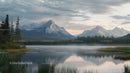 Tranquil Misty Morning Over Mountainous Lake Landscape
